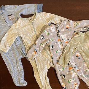 Set of FOUR gender neutral pajamas blue gray green size 6 mos